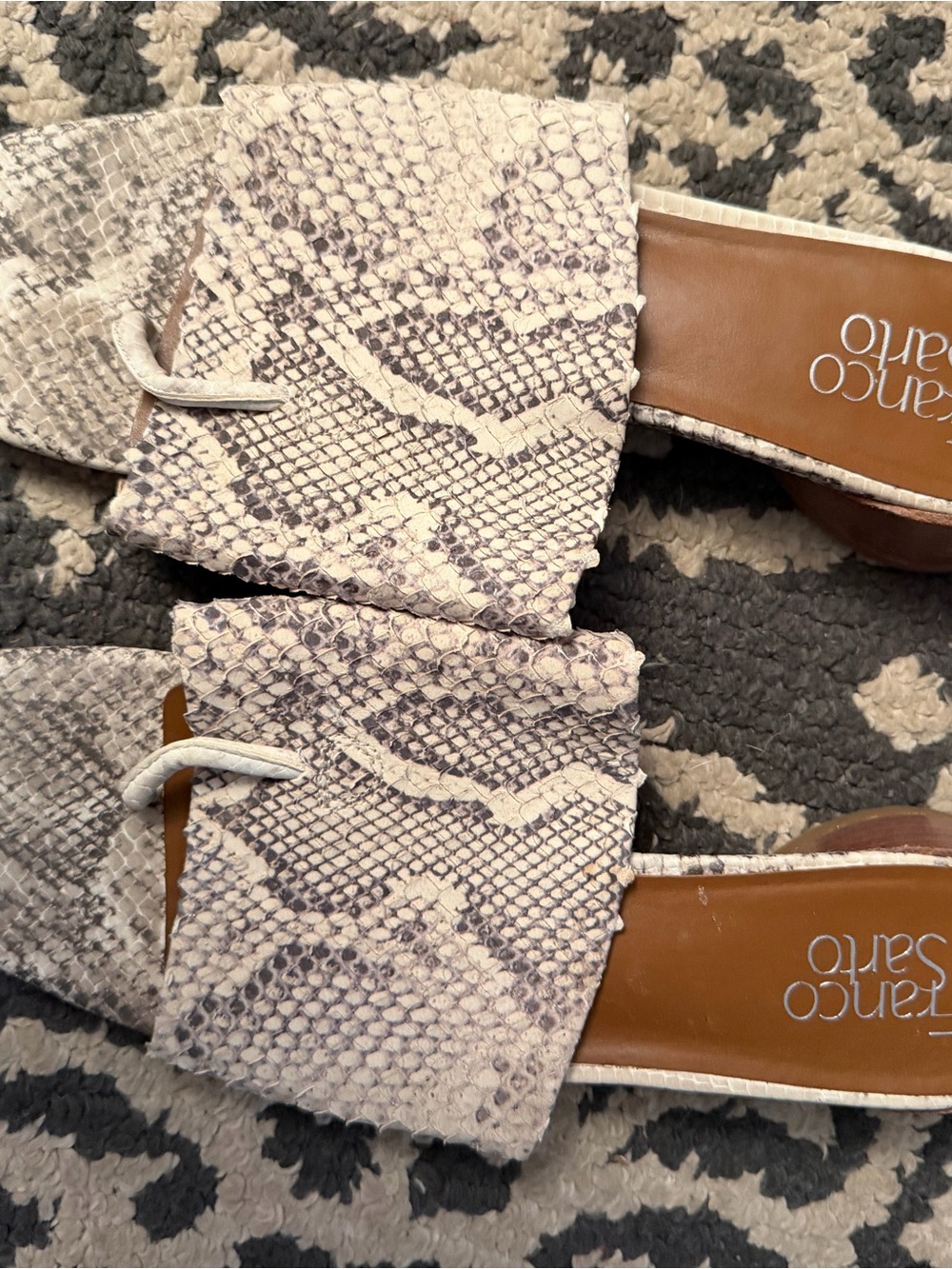 Franco Sarto Snake-Embossed Slide Mules in Taupe and Cream